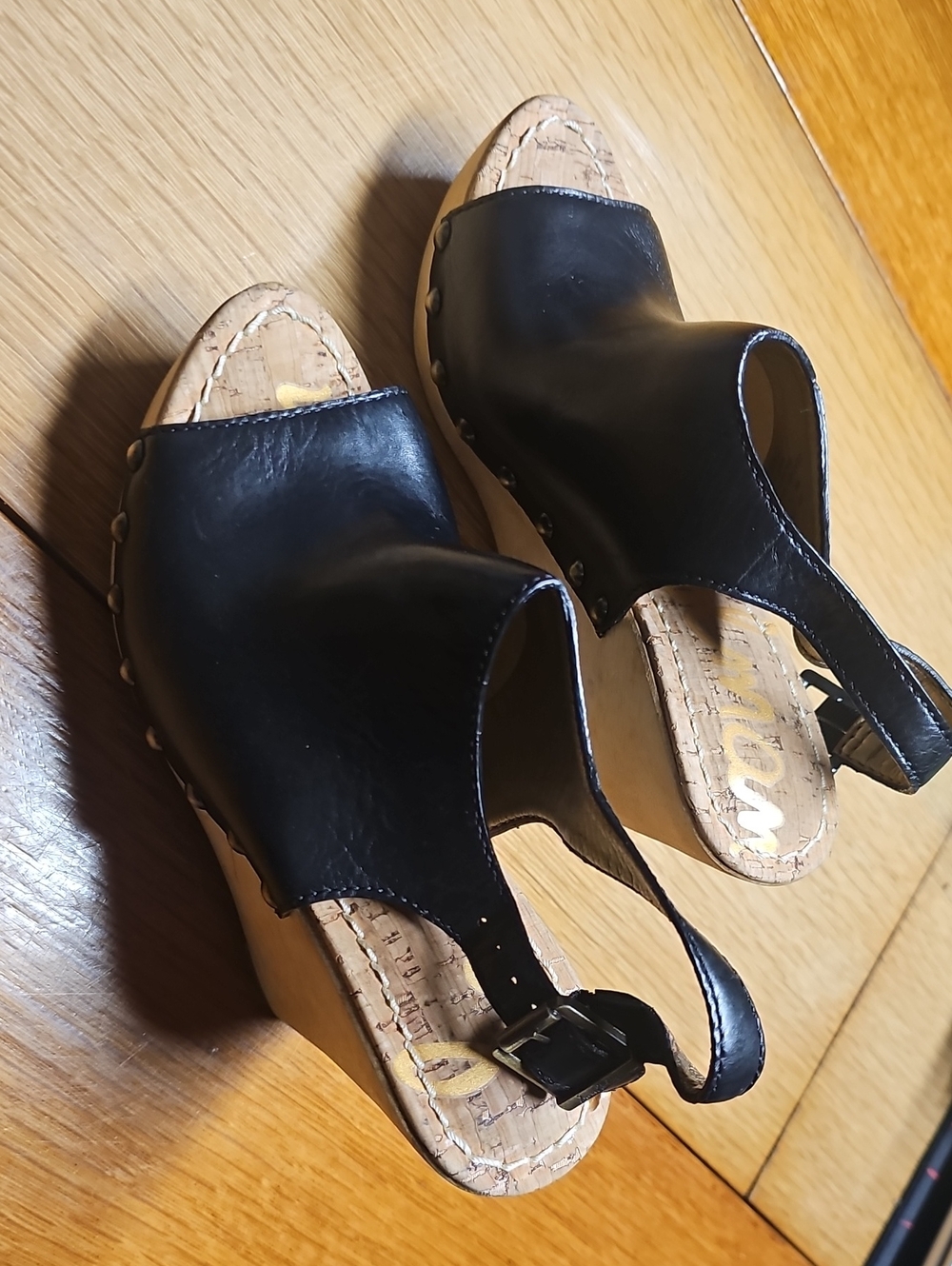 Sam Edelman Black Leather Cork Wedge Slingbacks